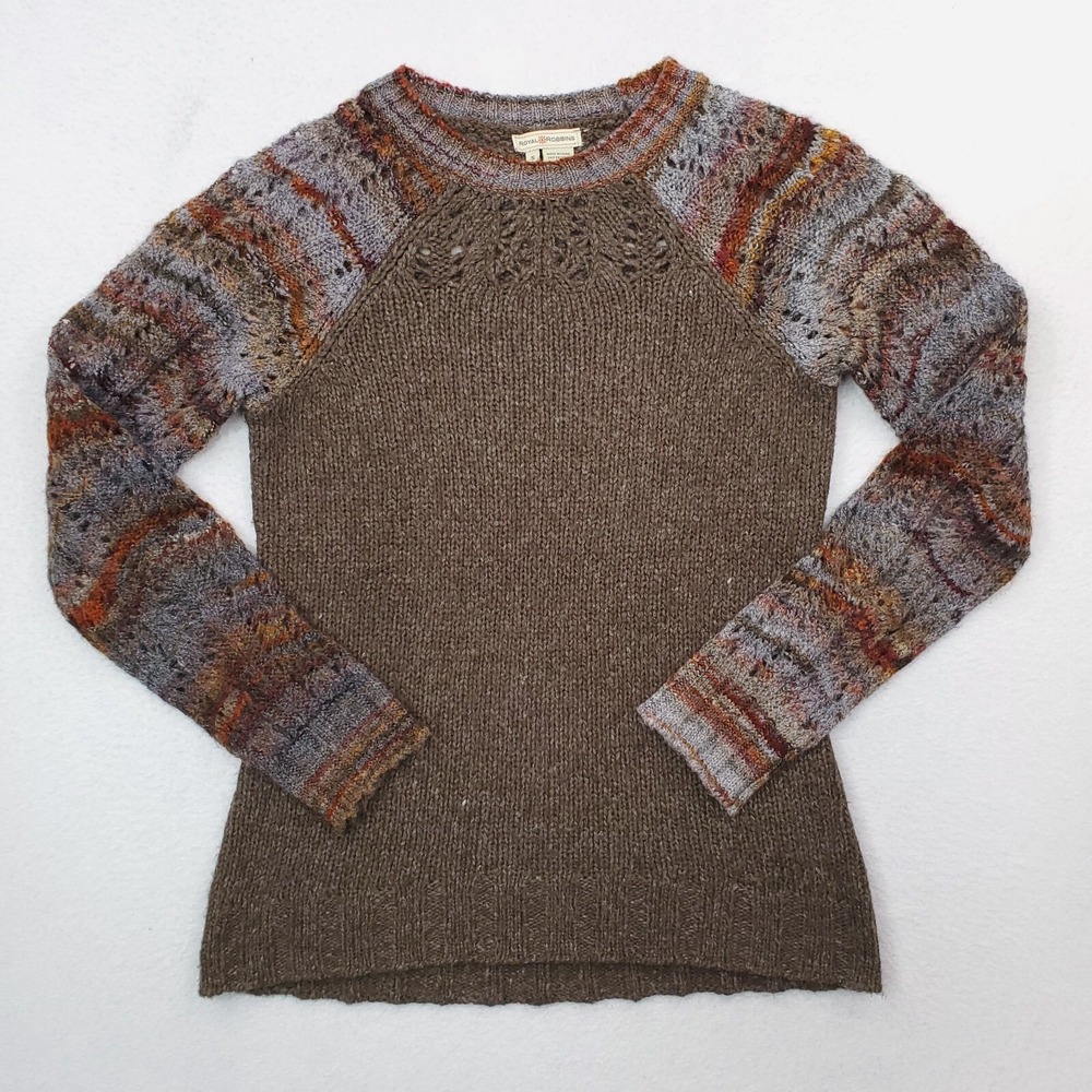 Royal Robbins Sweater Women Small Brown Blue Wool Blend Pullover Crew Cable Knit